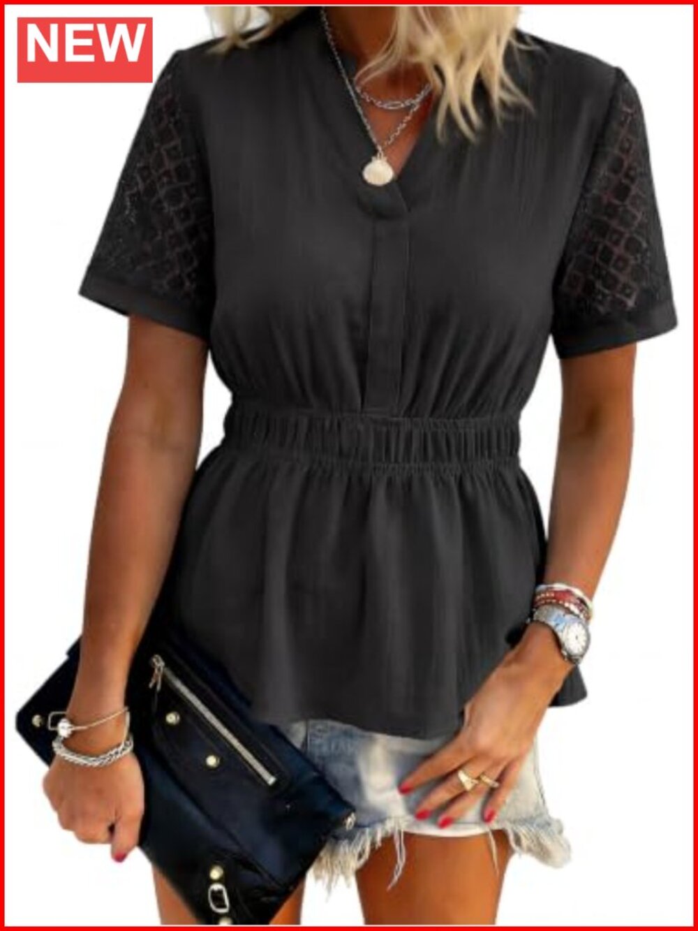 Women's Smocked Peplum Blouse Lace Short Sleeve Babydoll Shirt